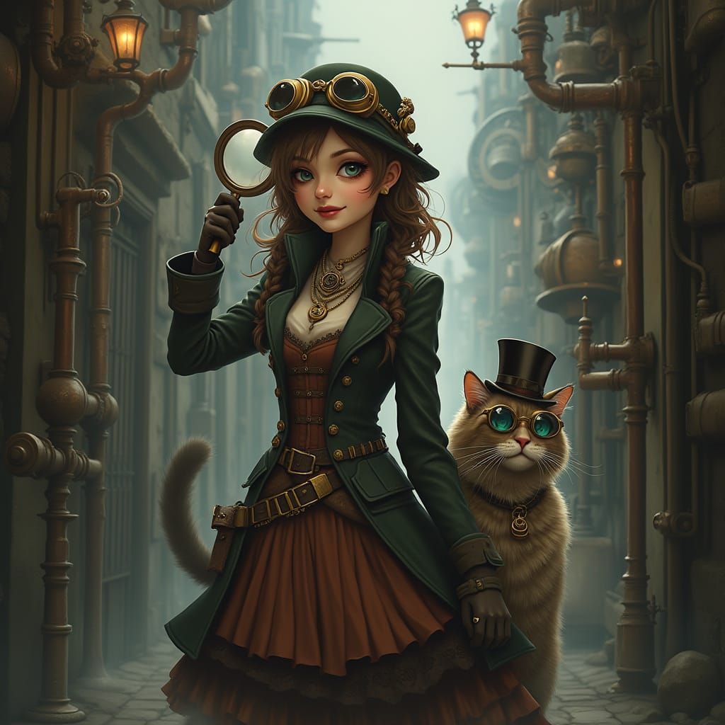 Steampunk Detective with Feline Companion in Foggy Alleyway