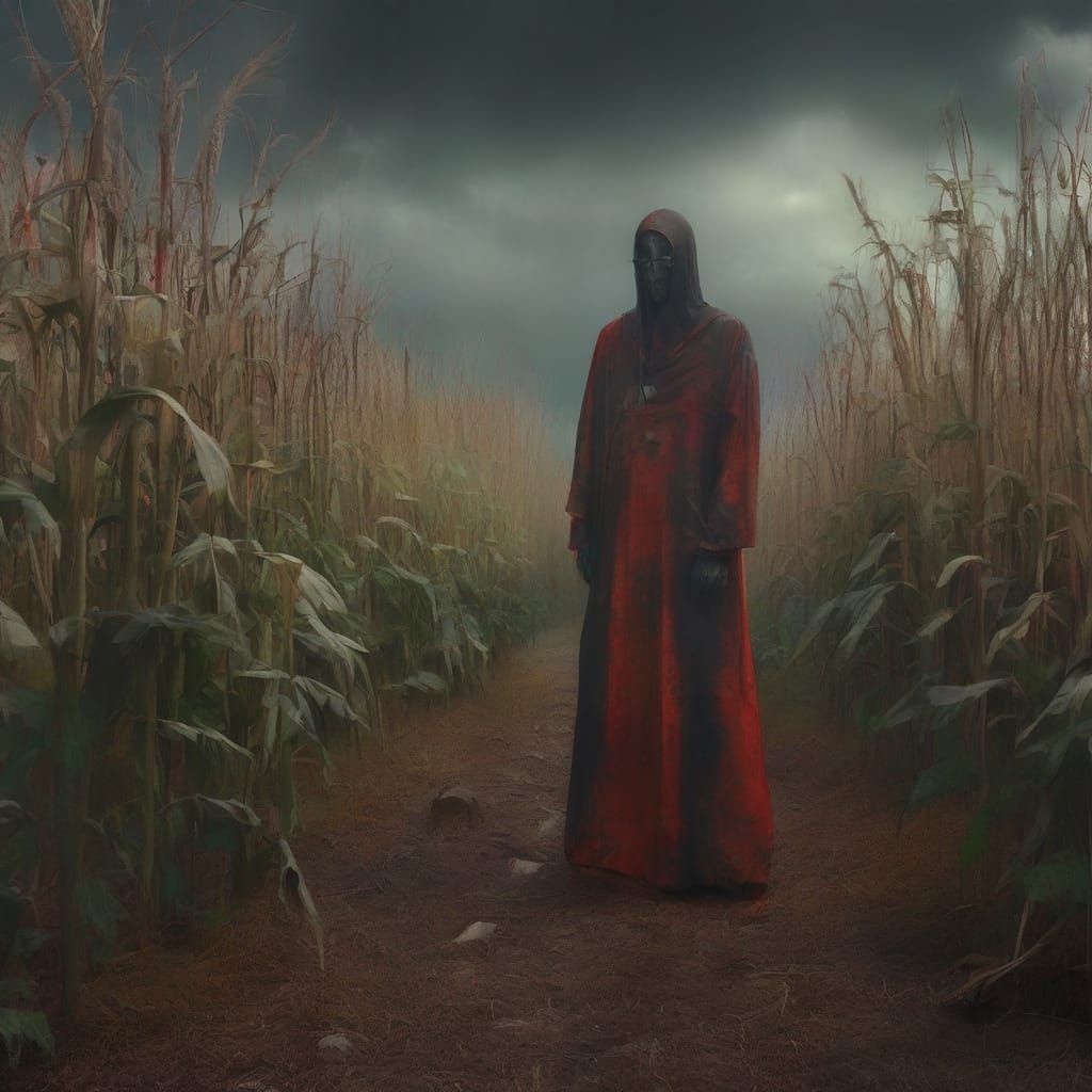 Surreal Scarecrow in Eerie Night Cornfield