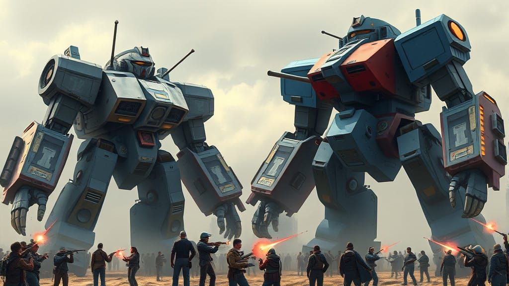 Giant Mecha Engage in Leisurely Conversation Amidst Human At...