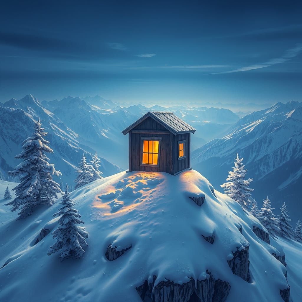 Fantastical Cube Amidst Snowy Peaks in Dreamlike Landscape