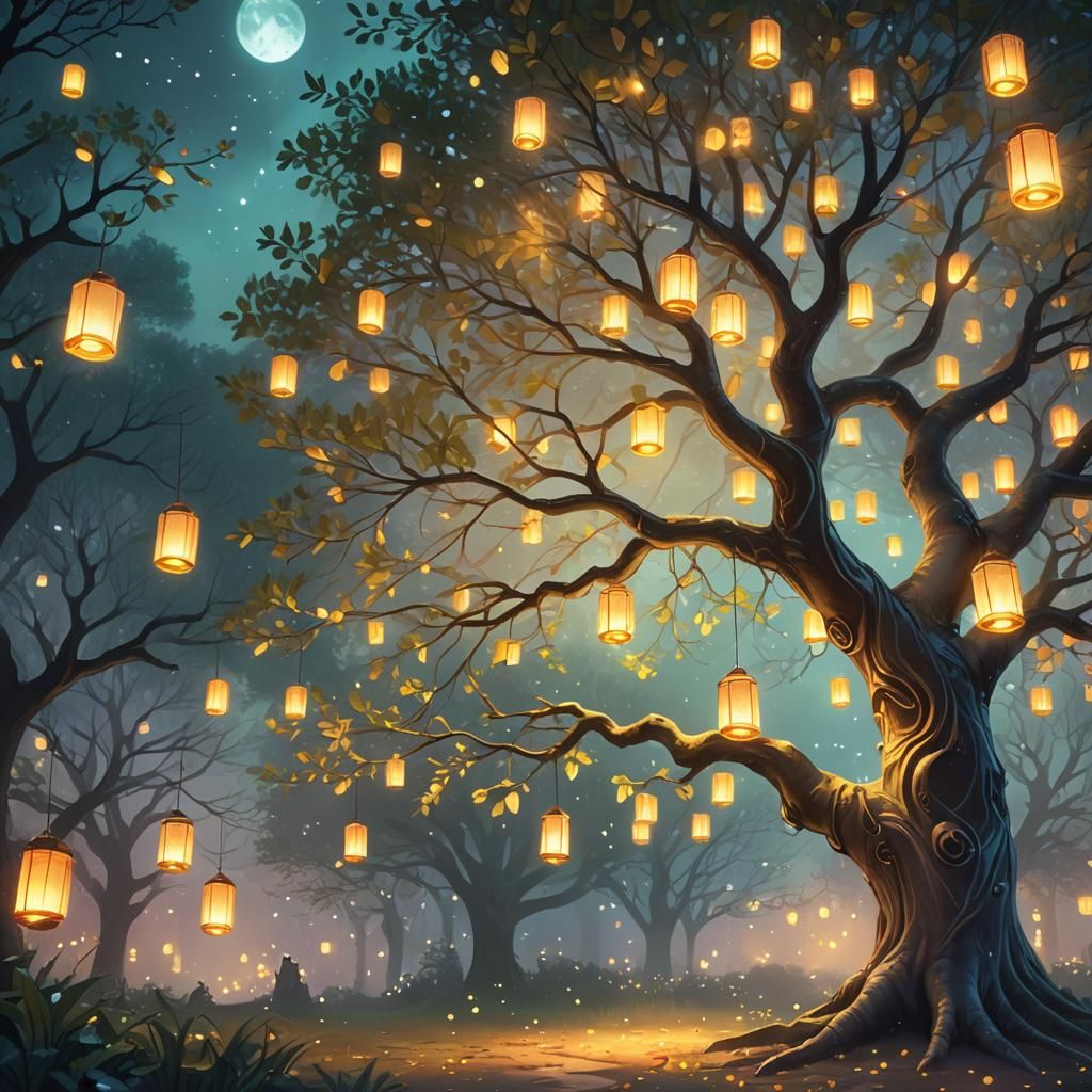 Vibrant Wishing Tree in Enchanted Forest