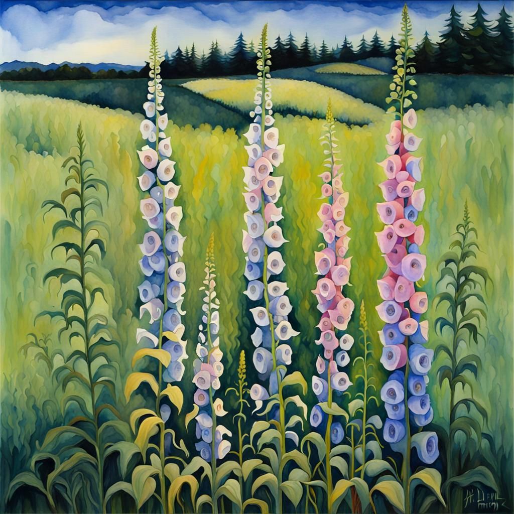 Tall Foxgloves in a Dreamlike Green Meadow