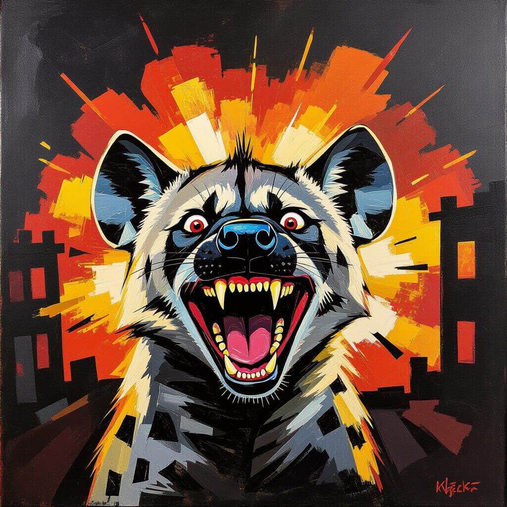 Grotesque Hyena Smile Amidst Exploding Building in Expressio...