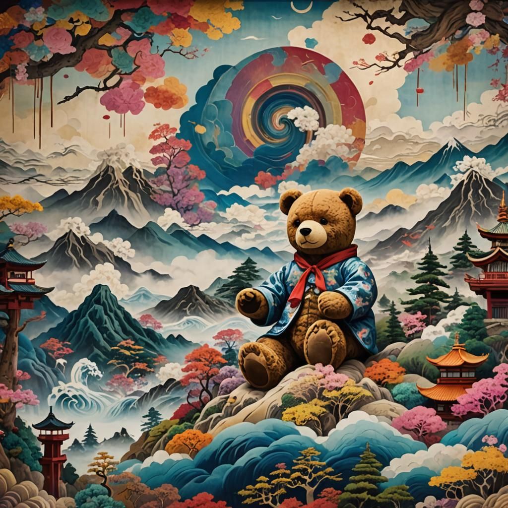 Giant Teddy Bear in a Surreal Japanese Screen Painting
