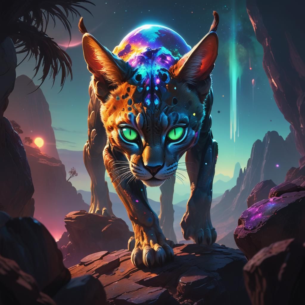 Regal Alien Feline Dominates Otherworldly Landscape