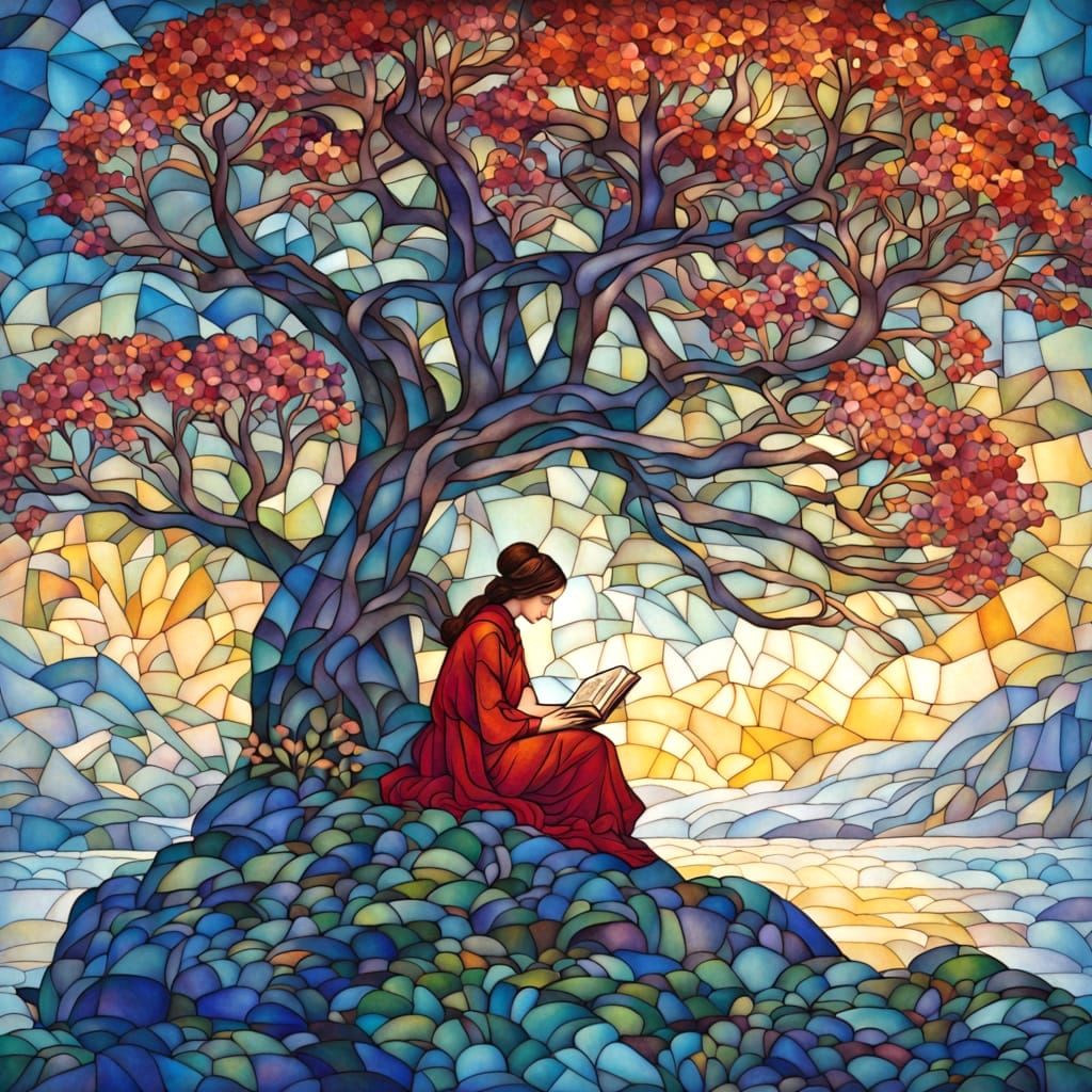 Woman in Red Robe Contemplates Life Under Springtime Mosaic