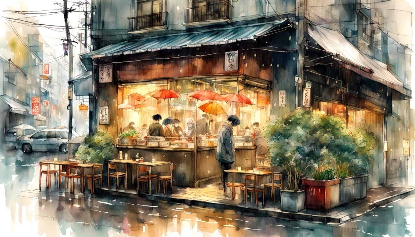Cozy Ramen Shop in Rainy Osaka, Watercolor