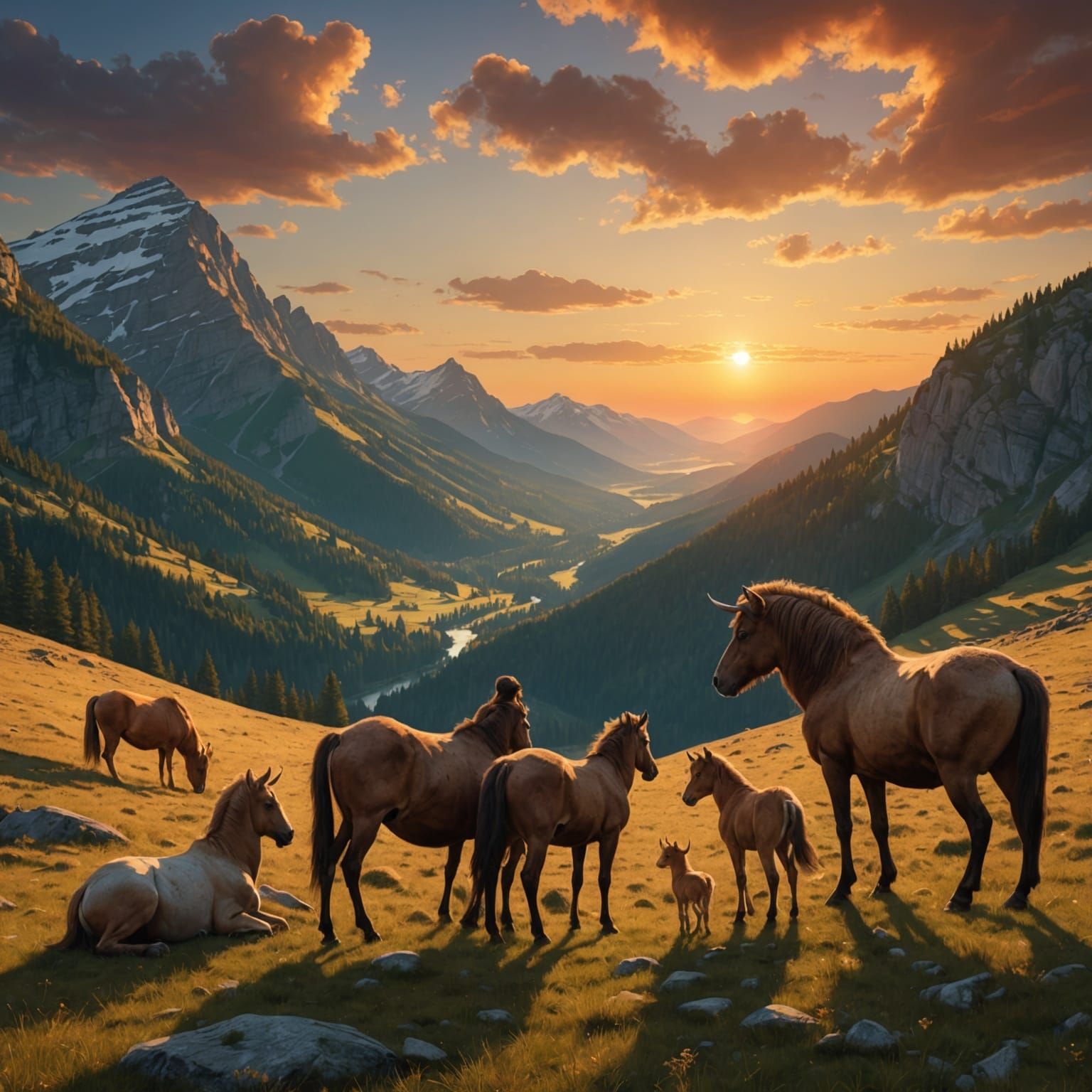 Epic Sunset Gathering of Gentle Giants on Mountain Peak
