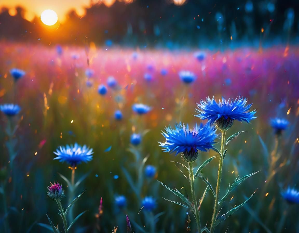 Ethereal Surreal Landscape with Bioluminescent Cornflowers a...