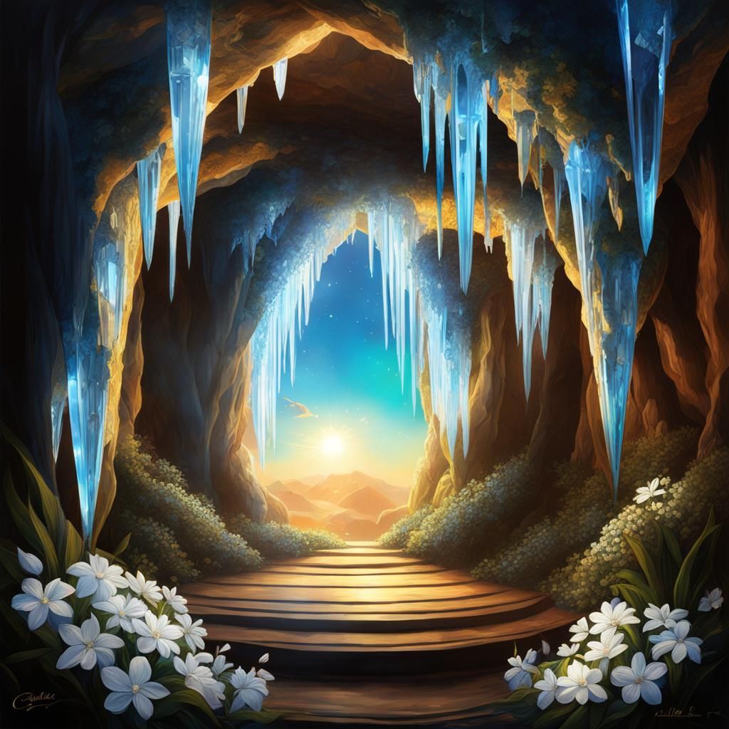 Steps through a crystal cave with ice icicles