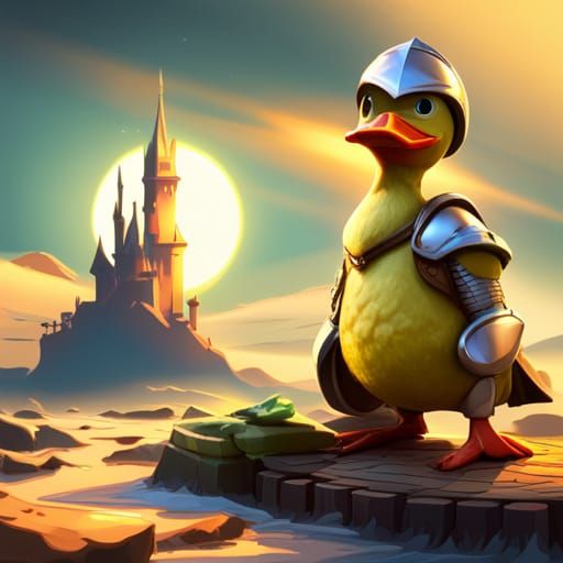 Duck in Majestic Knight's Armor on a Vibrant Castle