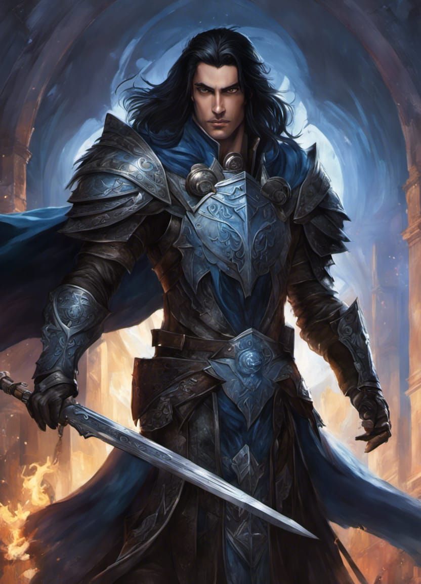 Dark Fantasy Aasimar Warrior Rorveg in Black Armor