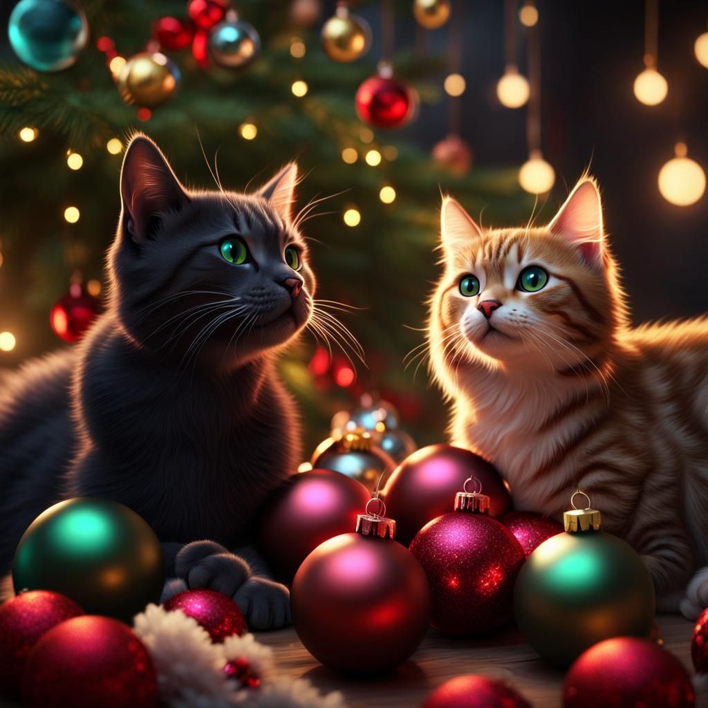Christmassy Feline Parents Watch Kitten Playtime
