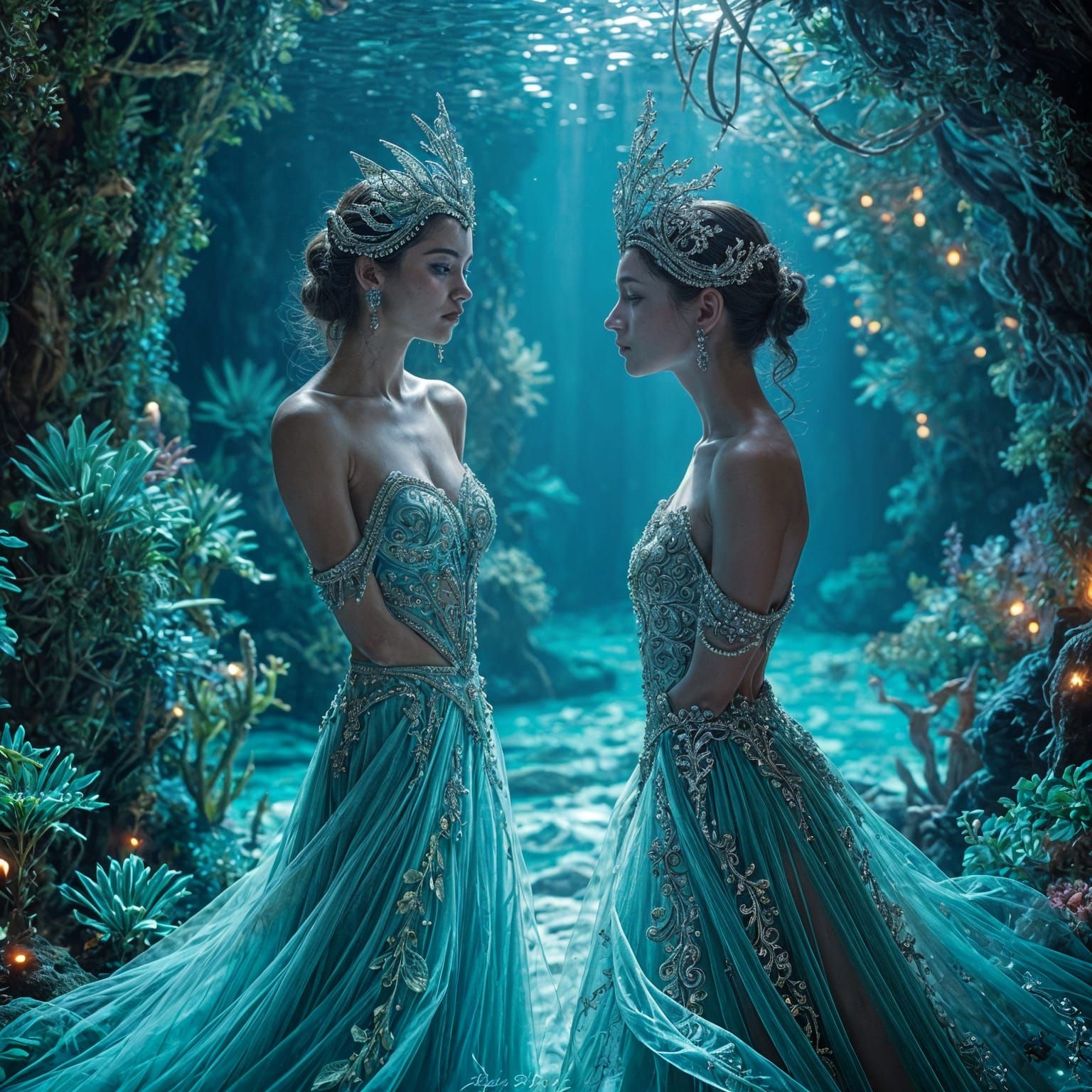 Bioluminescent Grotto Masquerade Ball in Art Nouveau Style