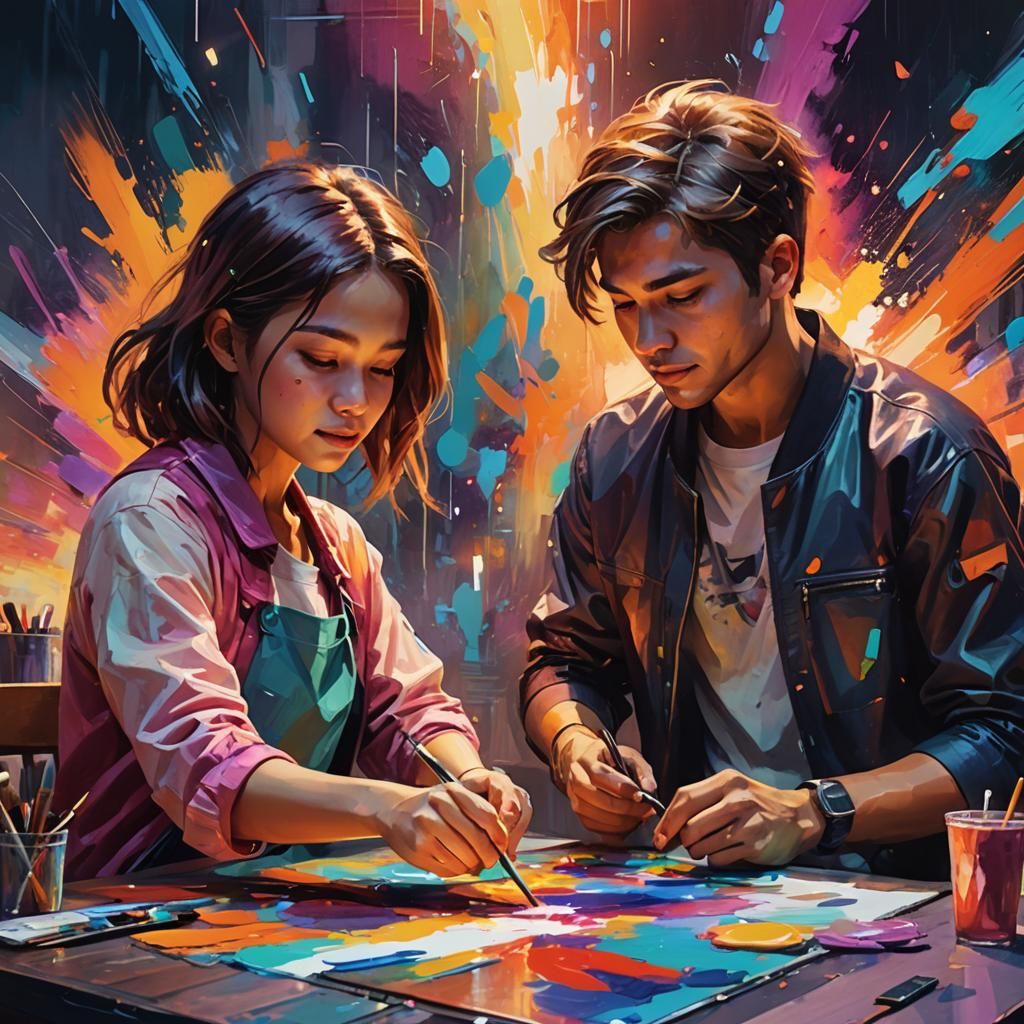 Vibrant Cyberpunk Art of Children Painting in a Futuristic S...