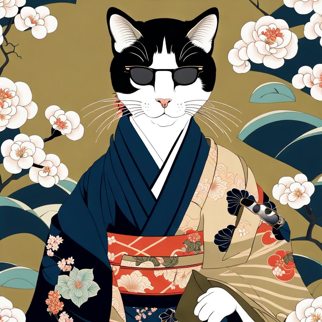 Elegant Japanese Cat in Modern Attire, Traditional Ukiyo-e S...