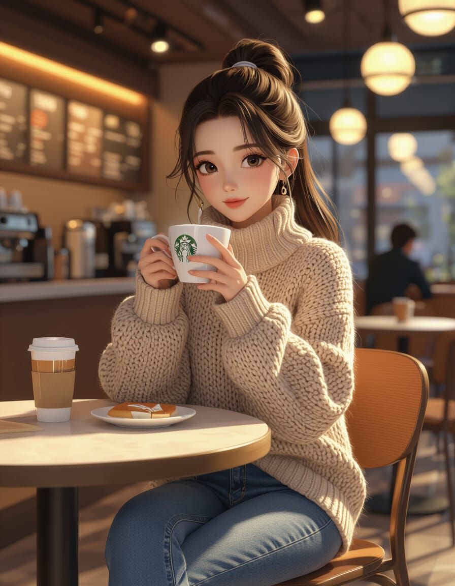 Dilraba Dilmurat Enjoys Coffee in Modern Starbucks, 3D Anime...