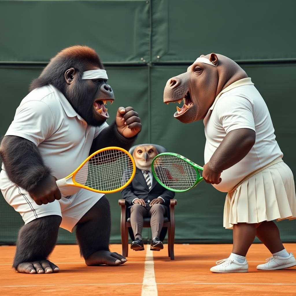 Gorillas and Hippos Play Tennis, Photorealistic Style
