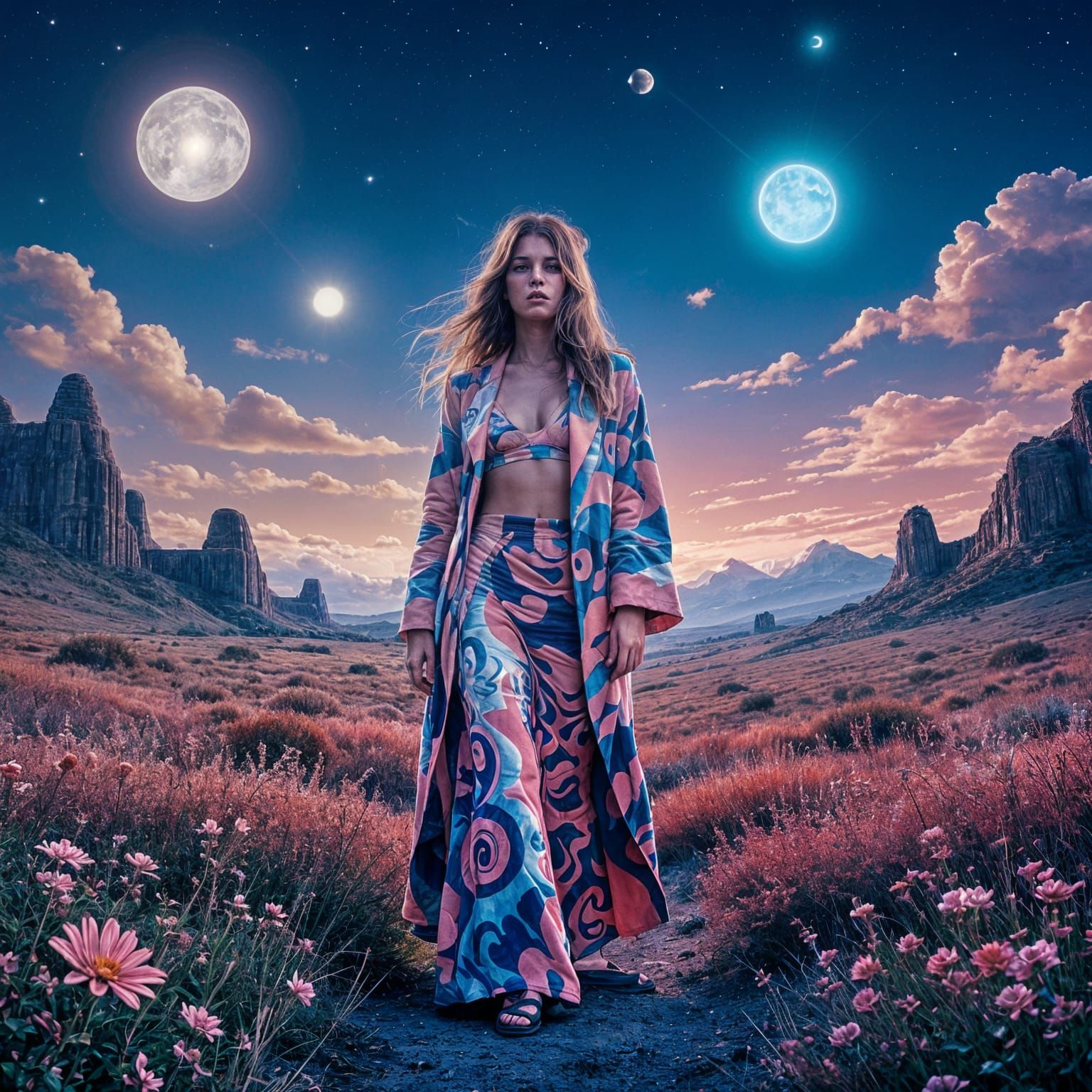 Psychedelic Woman in Dreamy Neon Landscape