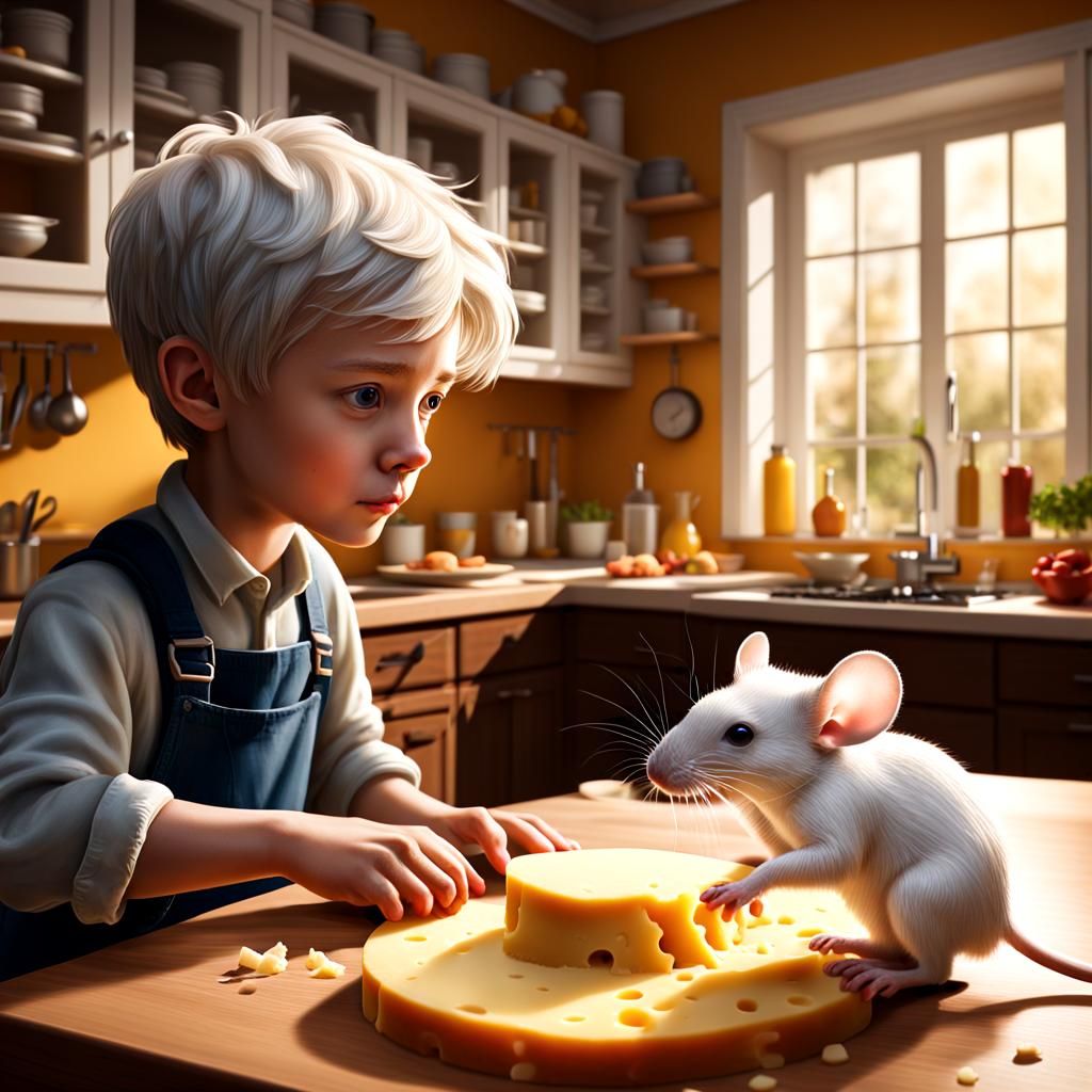 European Boy Meets Whimsical Mouse in Hyperrealistic Kitchen...