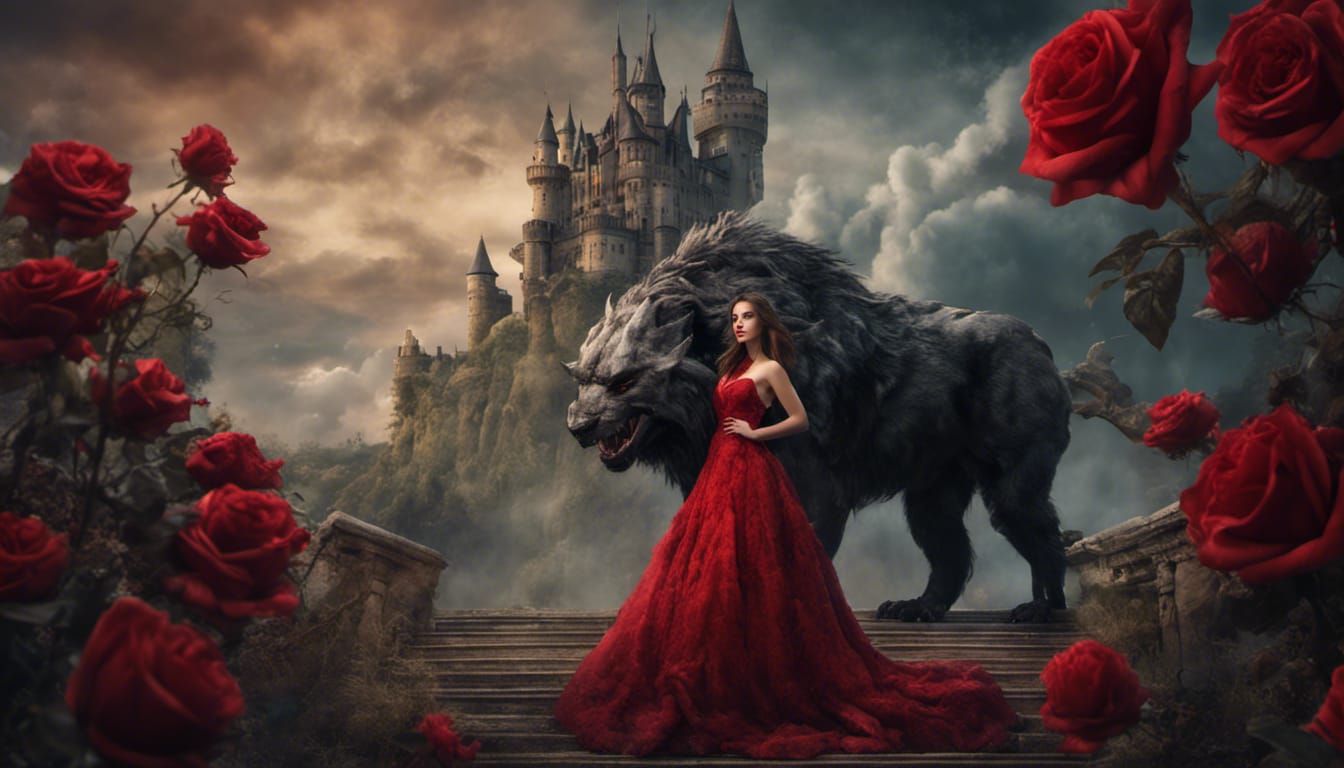 Ethereal Fairytale Beauty and Beast in Vibrant Castle Settin...