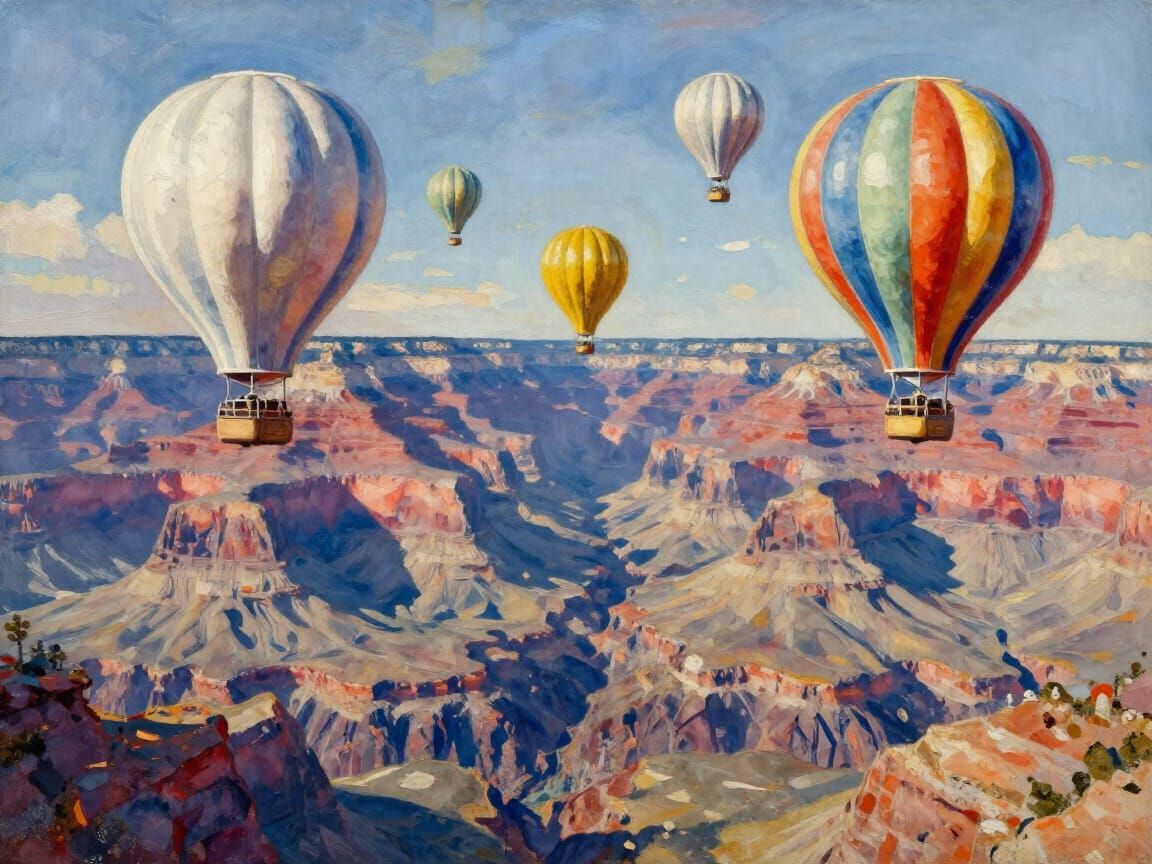 Majestic Aerostats Crossing Grand Canyon in Gouache Style