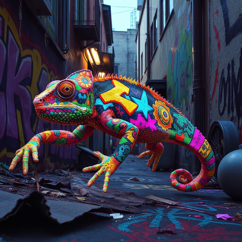 Graffiti Chameleon in Neon Urban Art Landscape