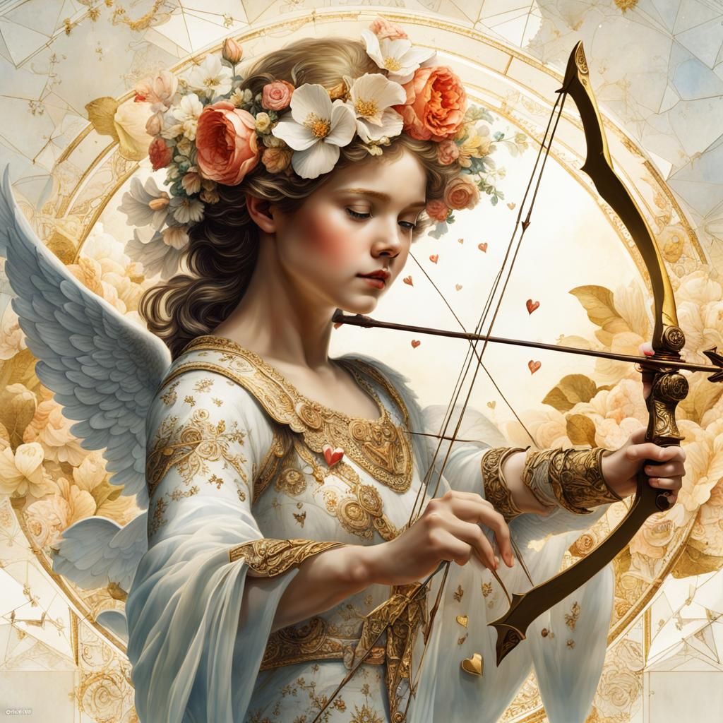 Angel Cupidon in Gouache Style with Porcelain and Gold Detai...