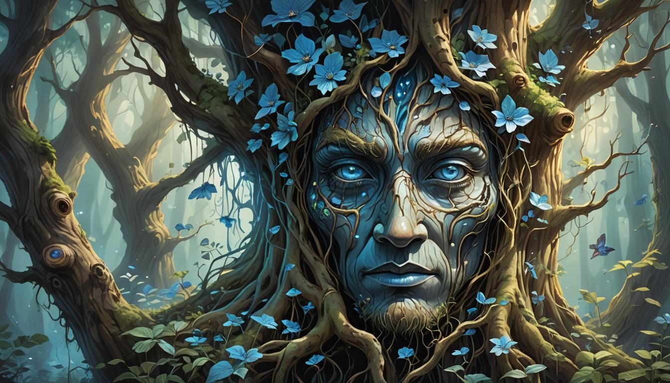 Serene Forest Spirit Emerge from Tree Bark in Dreamlike Art