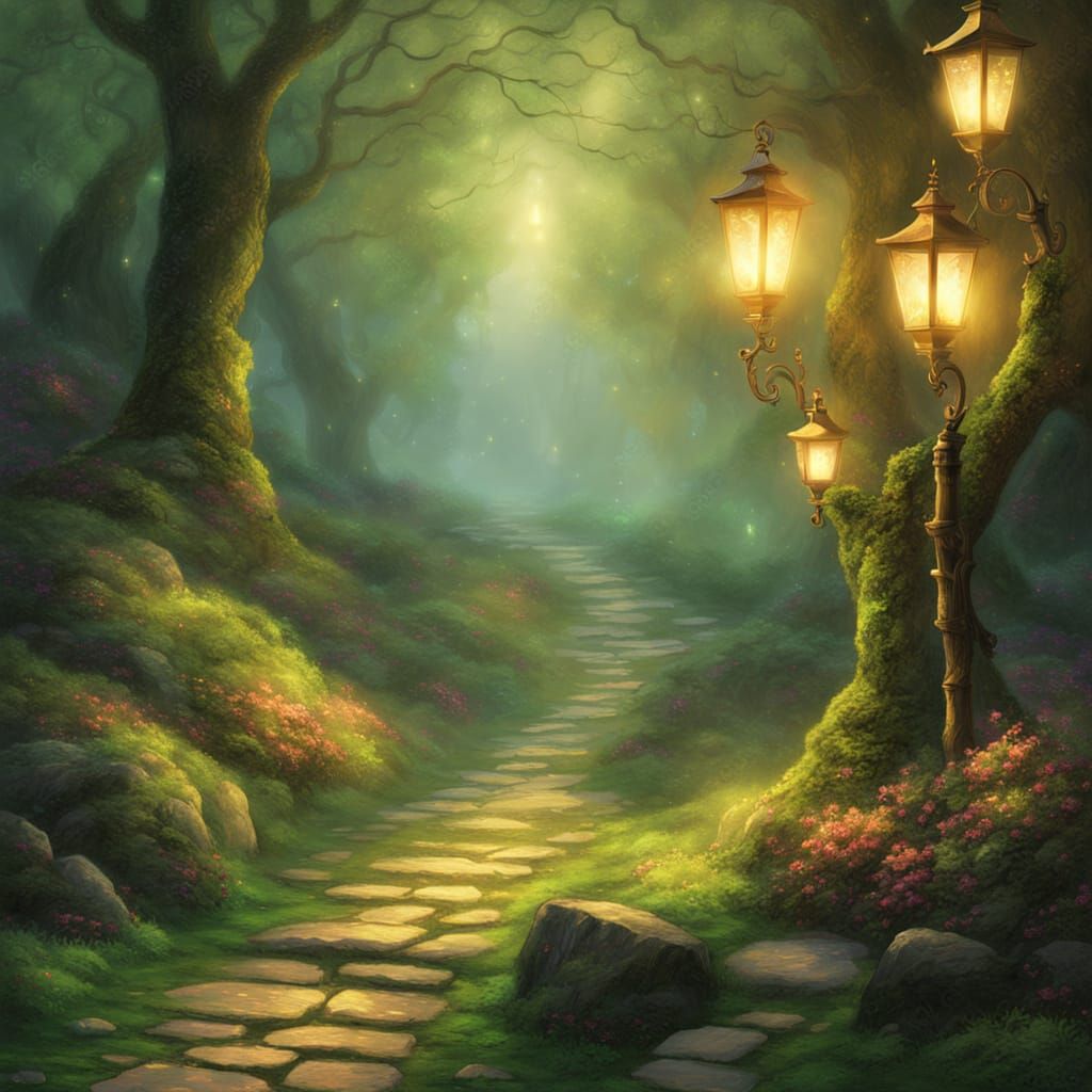 Ethereal Fantasy Path with Lanterns in Kinkade Style