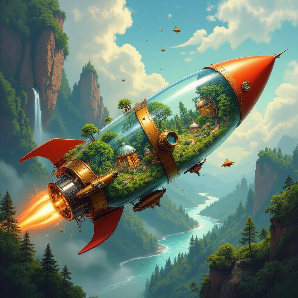 Steampunk Glass Rocket Drifting Through Space