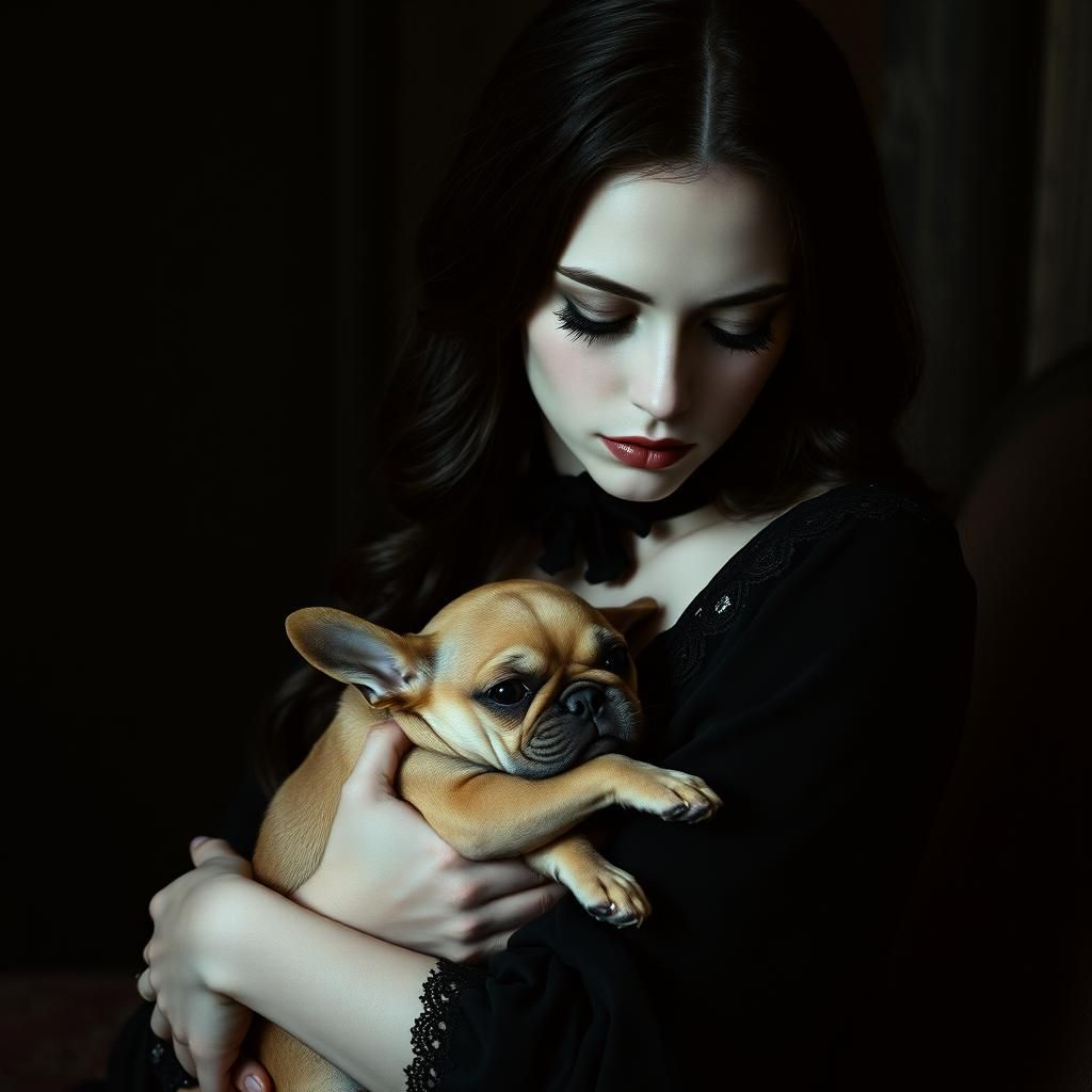 Ethereal Goth Girl with Velvet-Clothed French Bulldog in Moo...