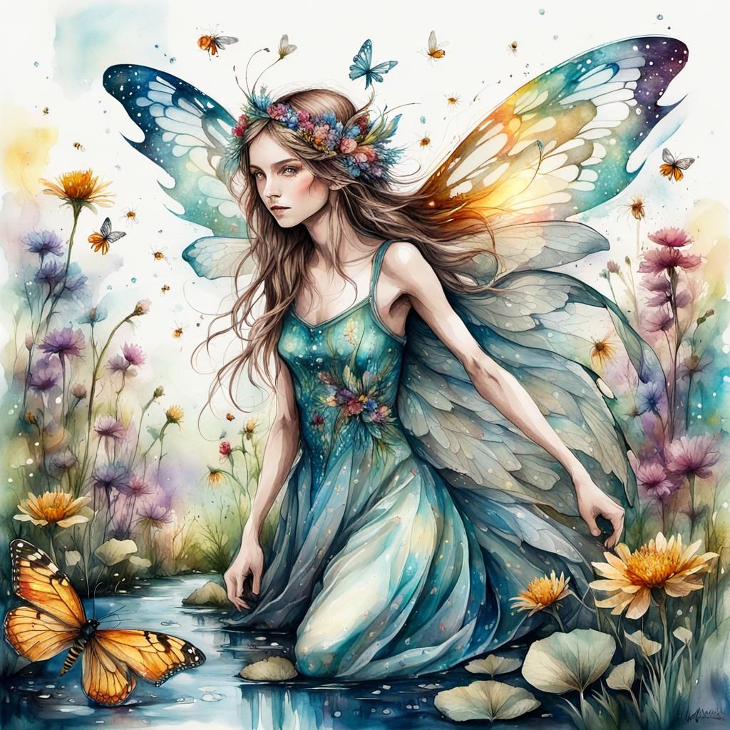 Ethereal Fairy in Vibrant Field of Wildflowers