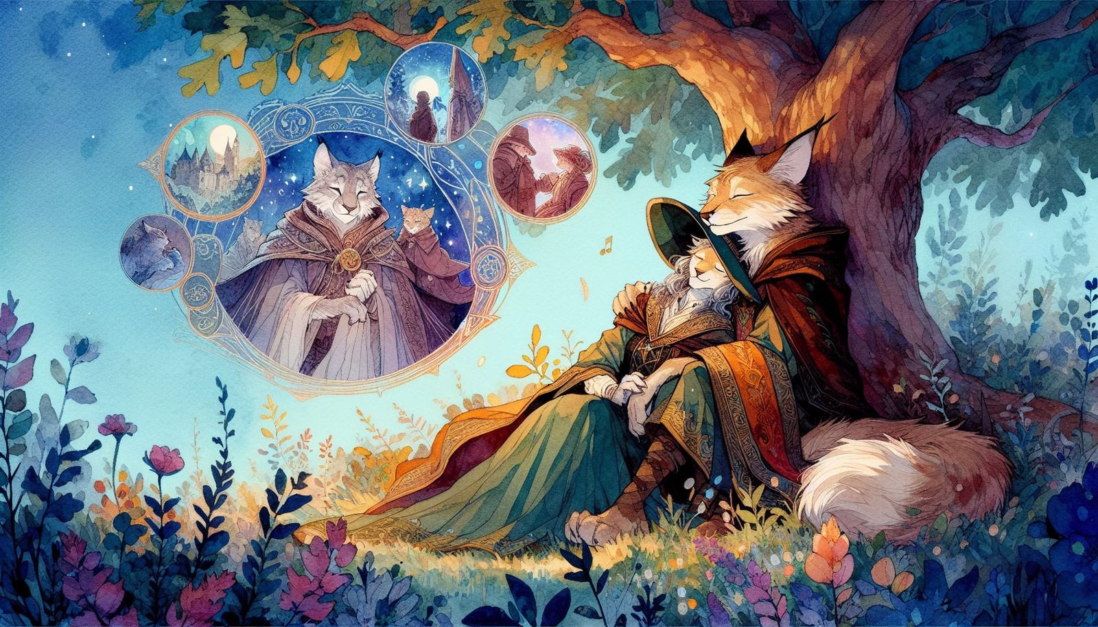 Tranquil Fantasy Scene of Lovers Beneath an Oak