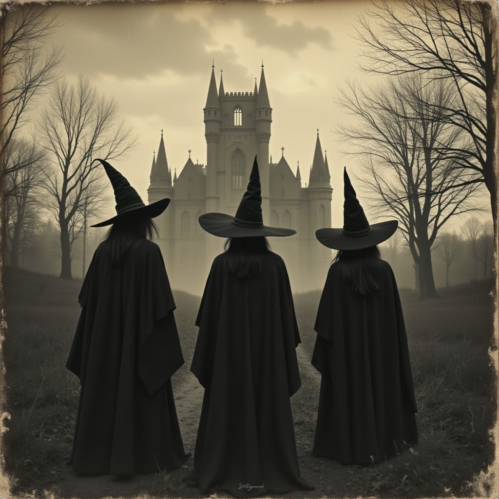Witches Gaze at Gothic Castle in Sepia Photograph