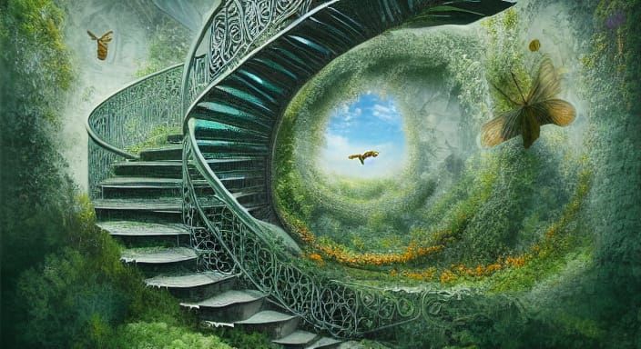 Surreal Spiral Staircase Ascending Clouds with Eye and Flora