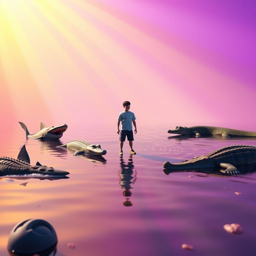 Man Unfazed by Pond Predators in Pixar-esque Scene