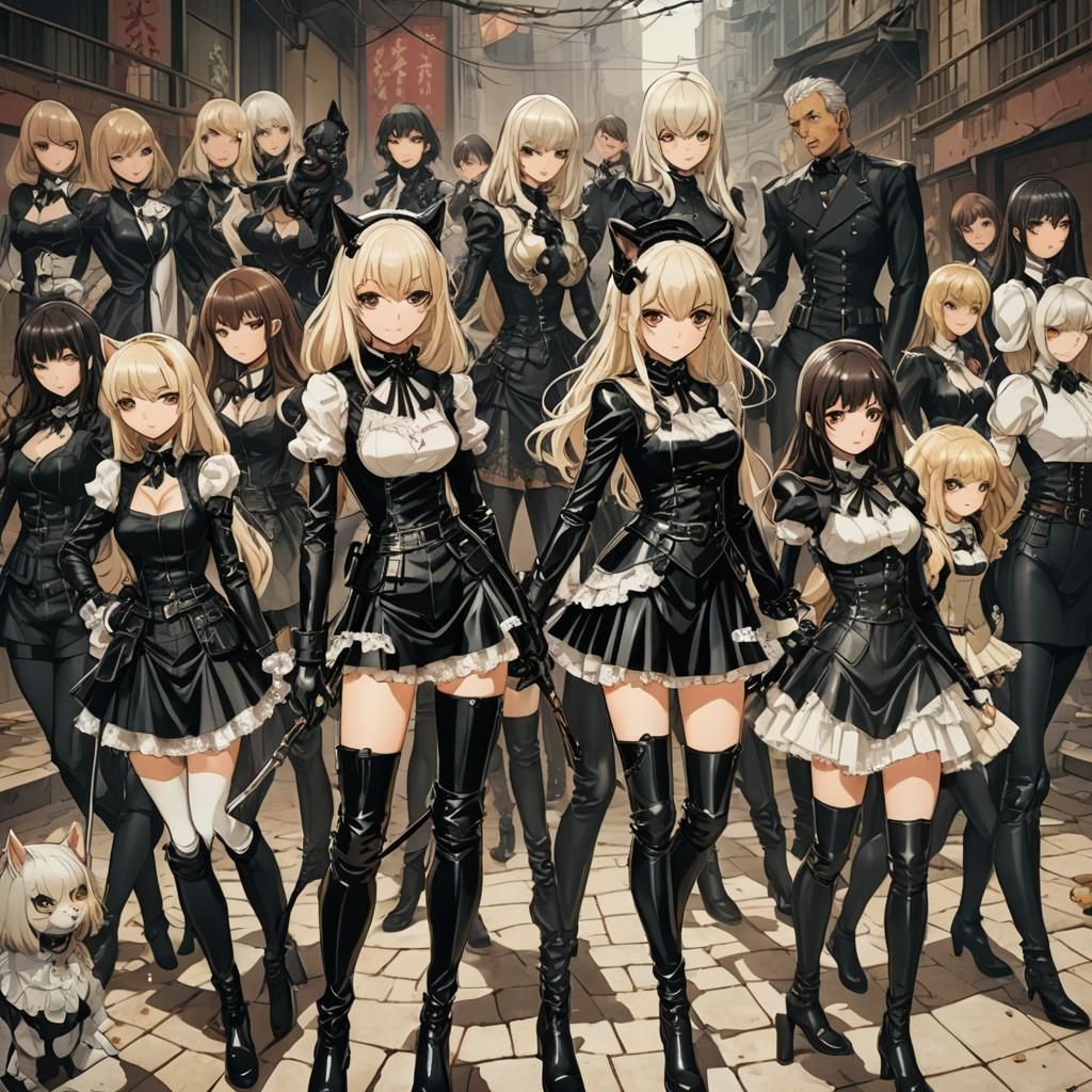 Powerful Anime Catwomen Surround Young Maid in Black Lace Dr...