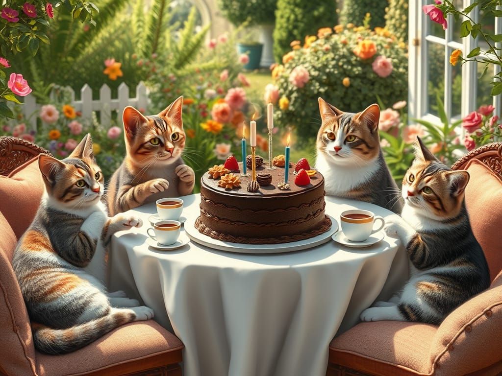 Cats Picnic with Chocolate Cake, Whimsical Art