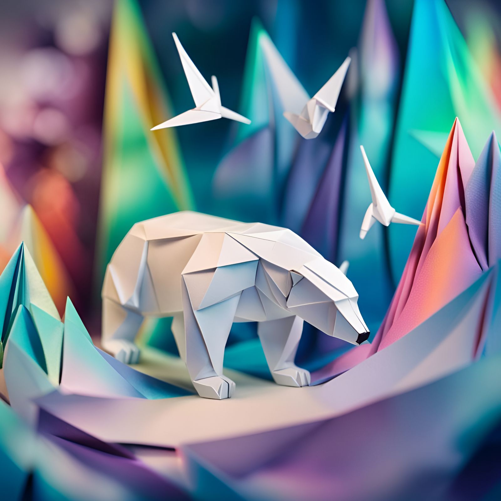 Origami Polar Bear Enchants under the Northern Lights