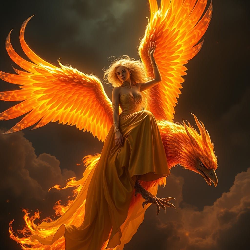Majestic Phoenix Goddess in Golden Gown, Night Sky