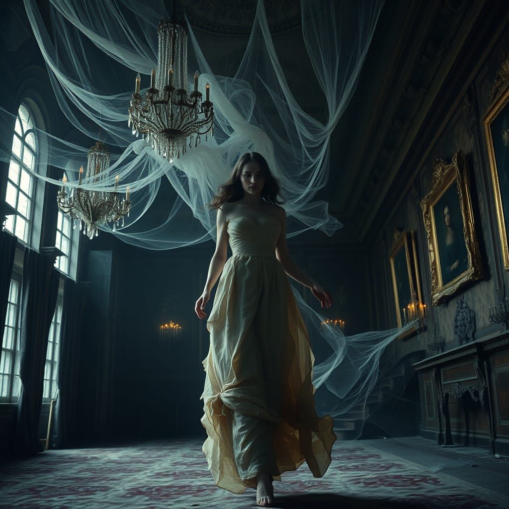 Ethereal Woman Drifts Through a Forgotten Mansion in a Haunt...