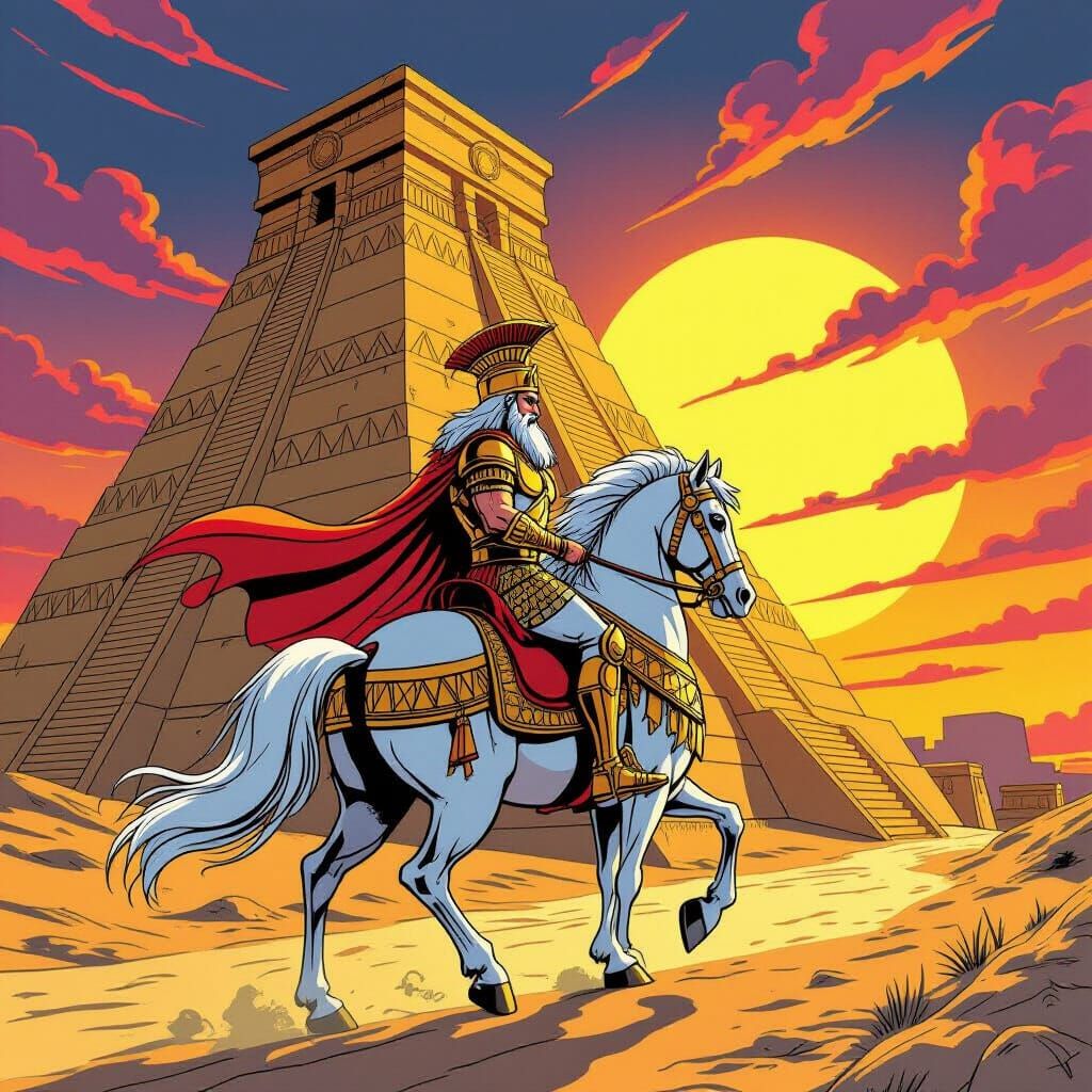 Gilgamesh Rides Horse Towards Ziggurat in Cartoon Style