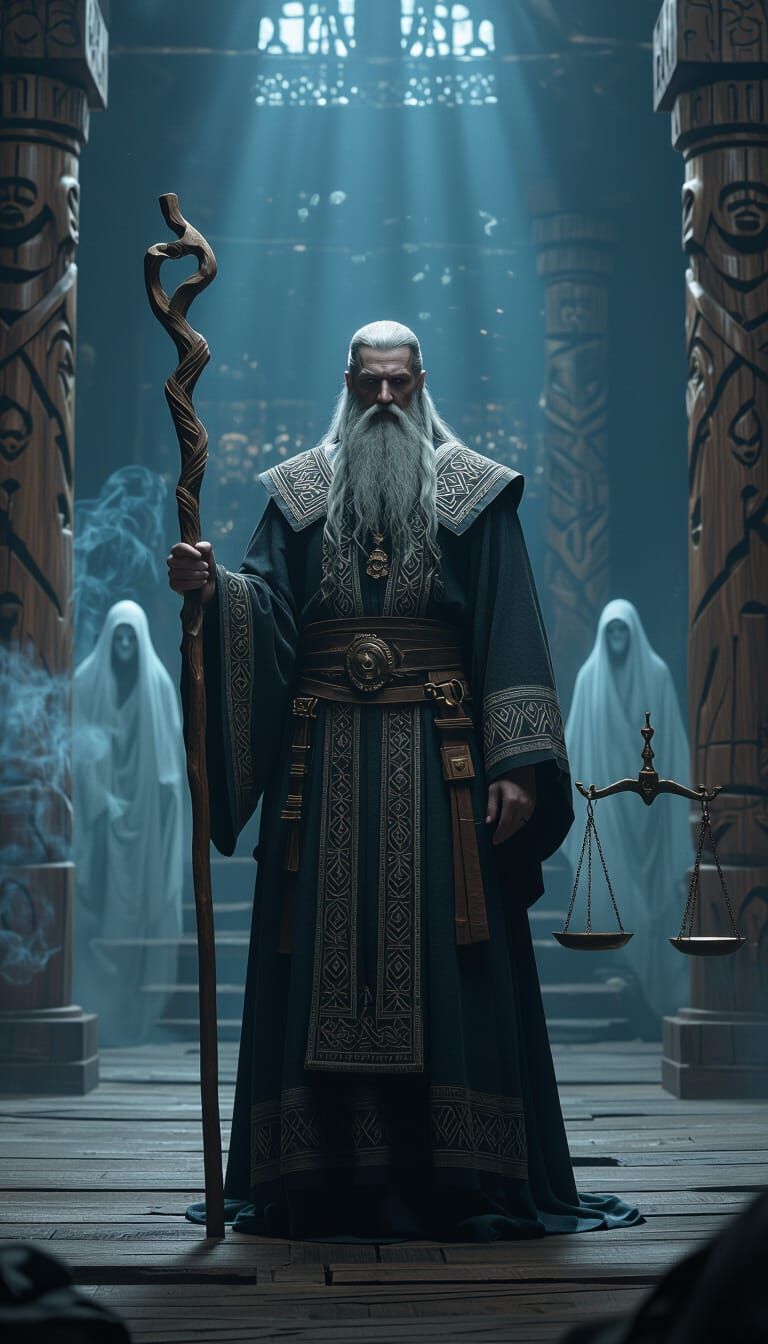 Slavic God of Judgment Sud in Sacred Hall