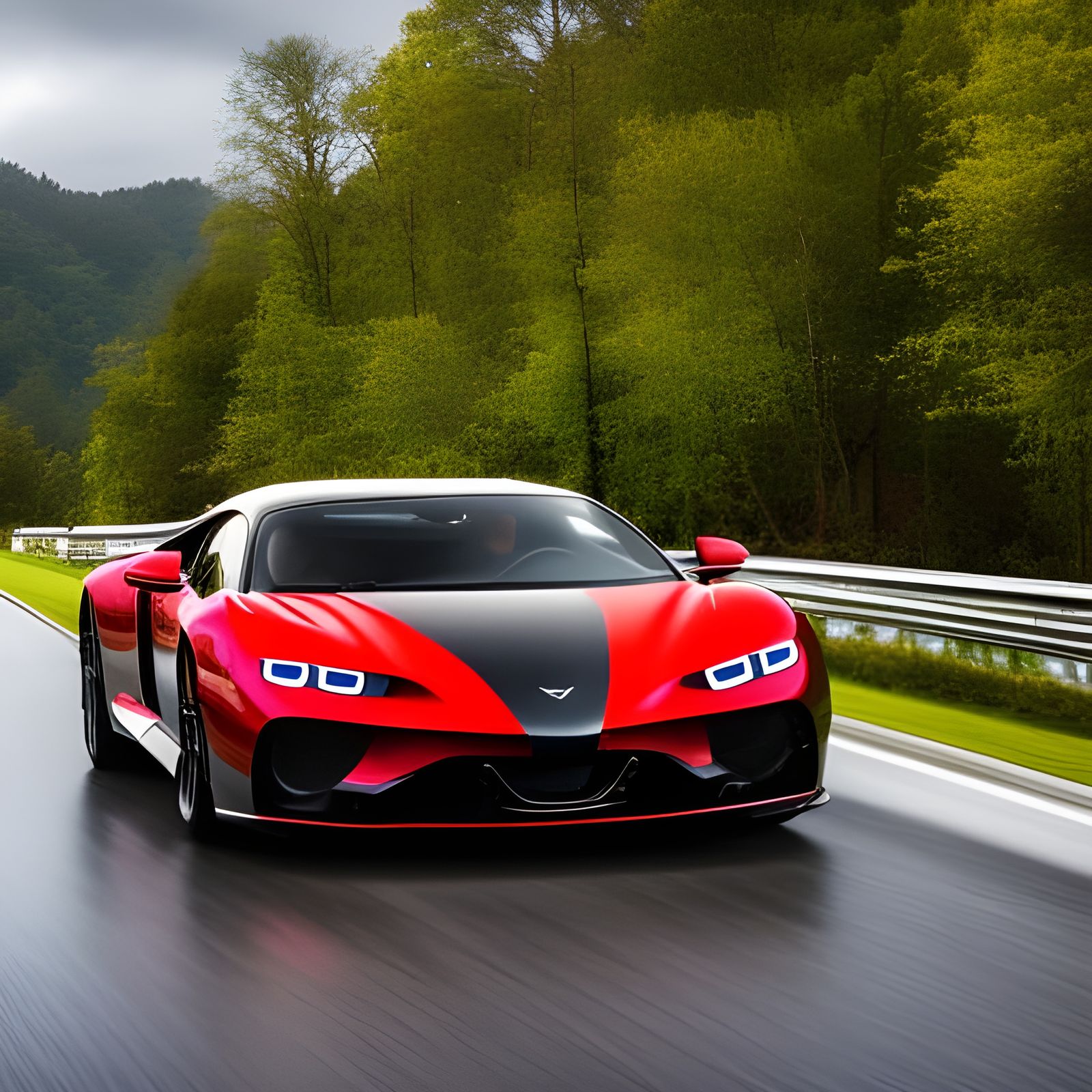 Luxurious Bugatti Chiron on a Rainy Day, Reflected in Glossy...