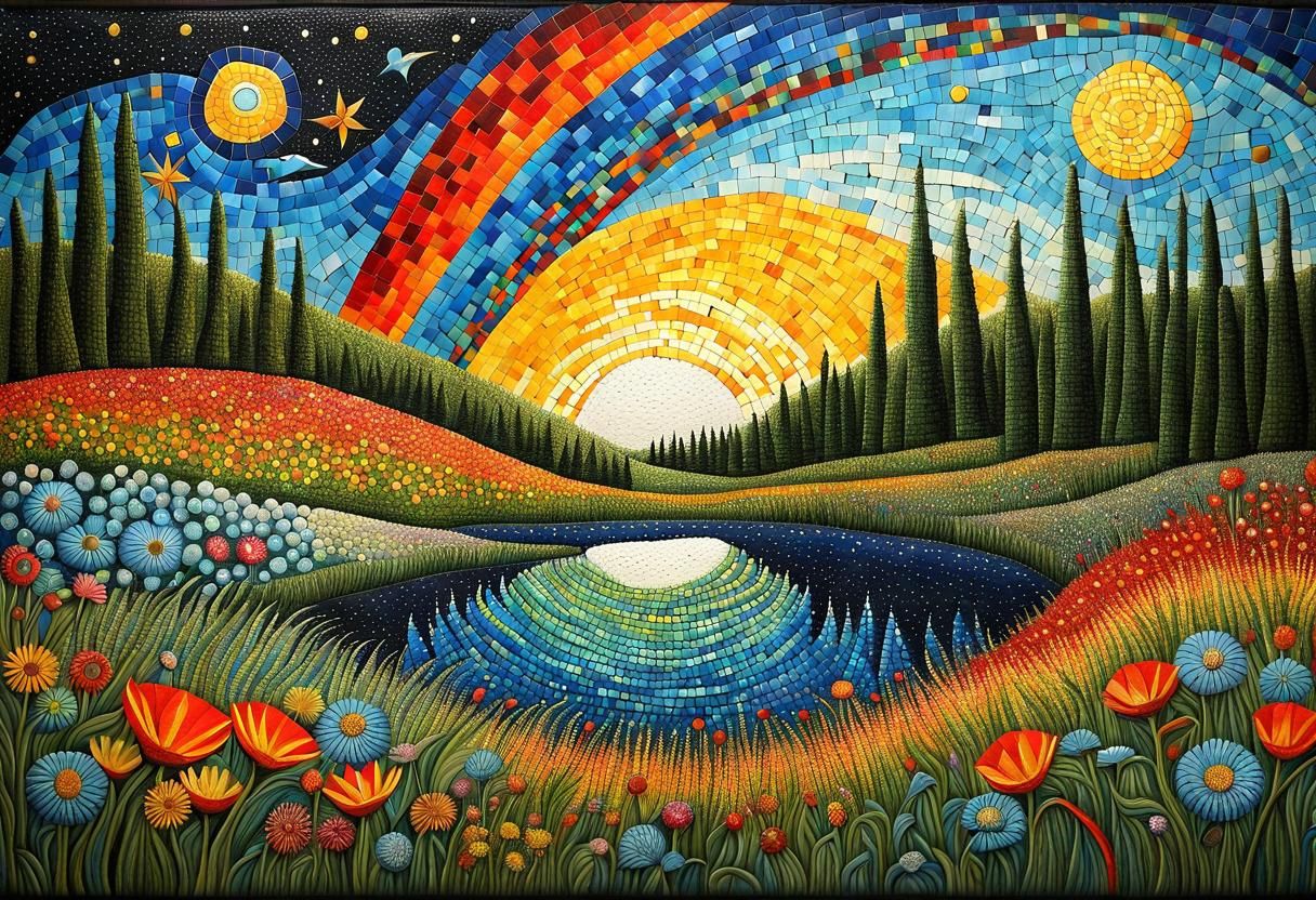Surreal Whimsical Folk Art Starfield in Mosaic Pointillism S...