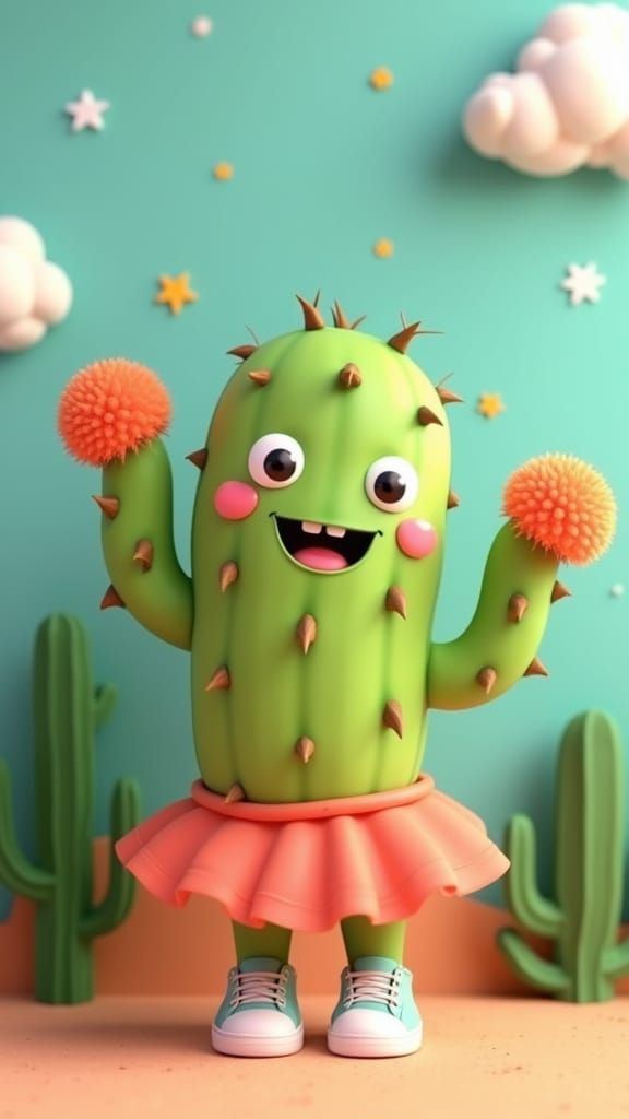 Cheerful Cactus Character in Tutu: 3D Rendered Art