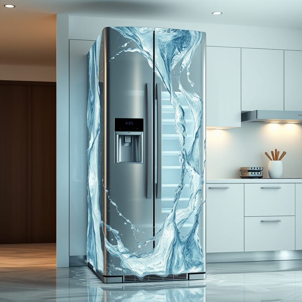 Surrealist Liquid Sculpture of a Modern Fridge in Mid-Flow