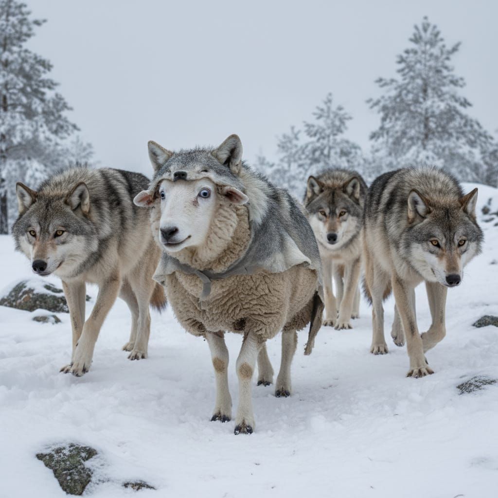 Worried Sheep Disguised as Wolf With Pack