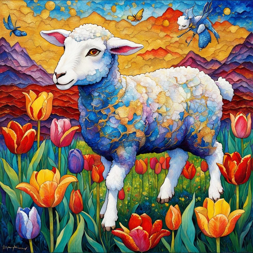 Vibrant Easter Lamb in Whimsical Fantasy Art with Kintsugi T...